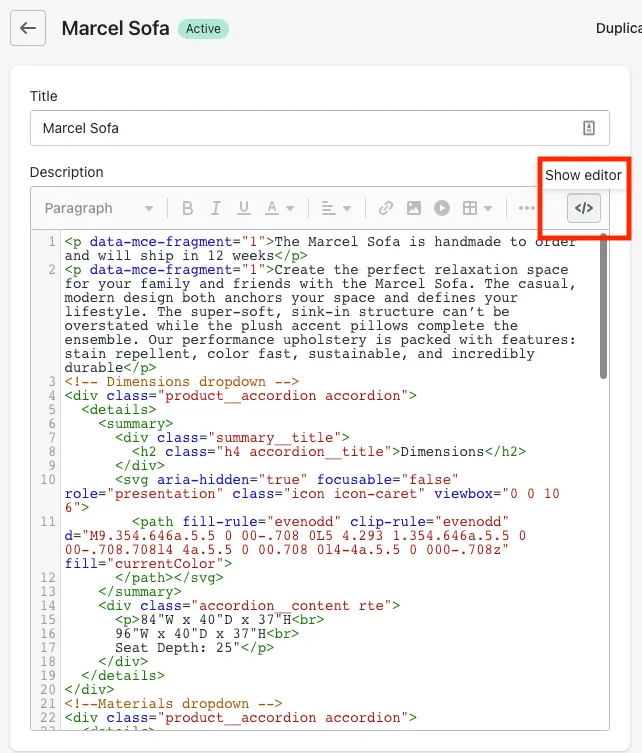 Description box code editor