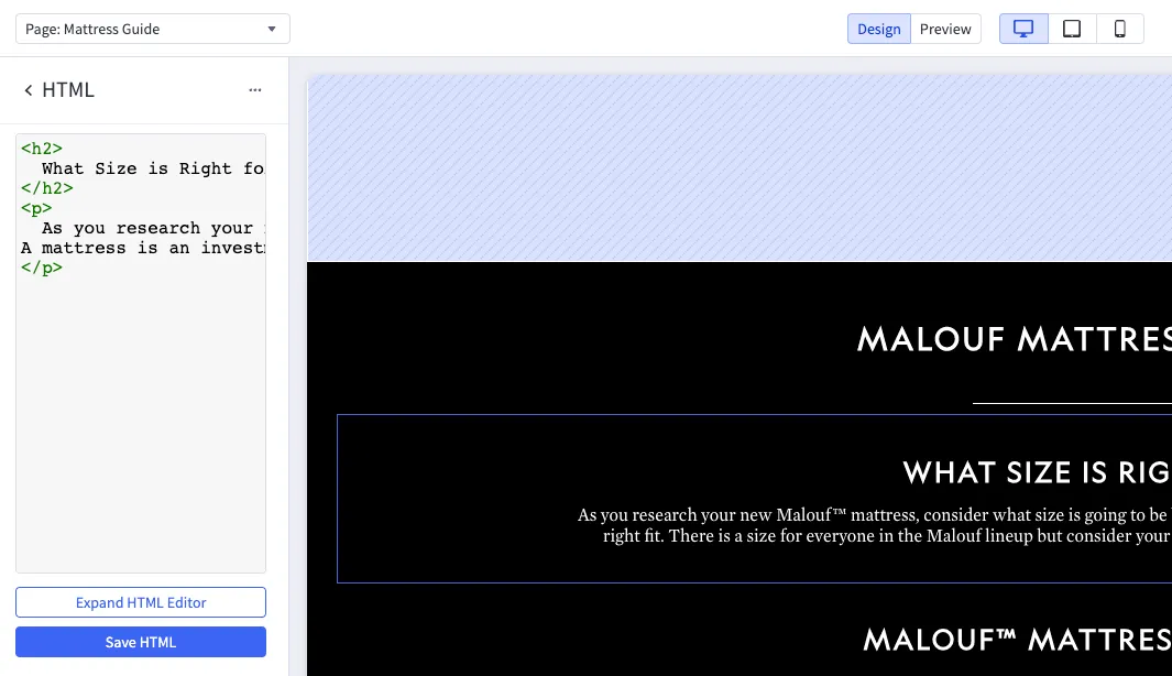 view in page designer of editing HTML blocks