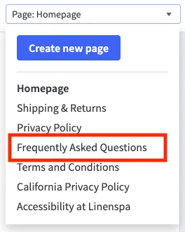 Page dropdown with "Frequently Asked Questions" option highlighted