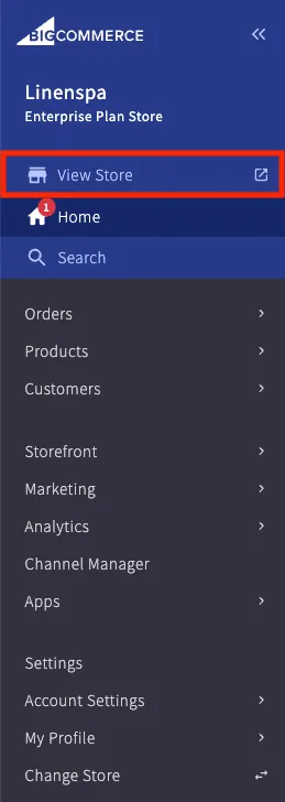 Admin navigation with 'View Store' option highlighted